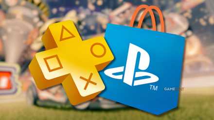 ps store and ps plus logos with a blurred image of rocket league in the background.