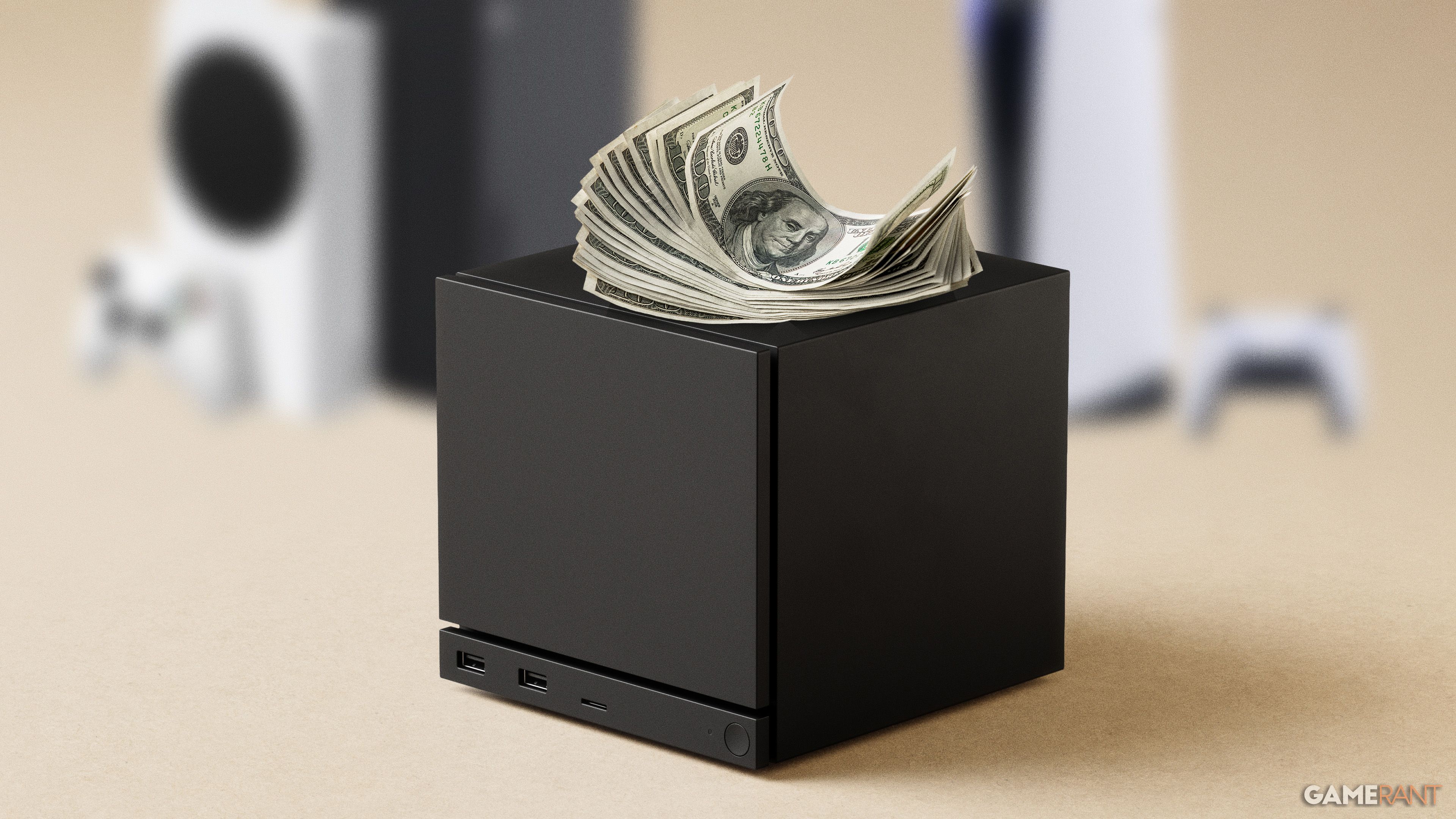 Steam Machine with US currency in the background with Xbox Series X|S and PS5