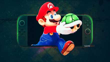 (Super) Mario comes from a Nintendo Switch 2 on a dark background; step outside the console while carrying a green Koopa Shell with a serious look on his face.