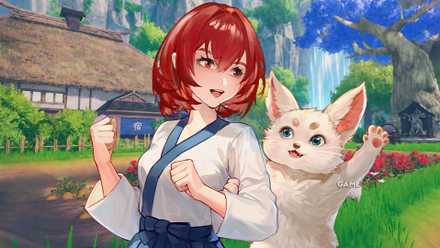 A female character from the Seikyuu story next to a mythical fox-like creature set on an in-game farm.