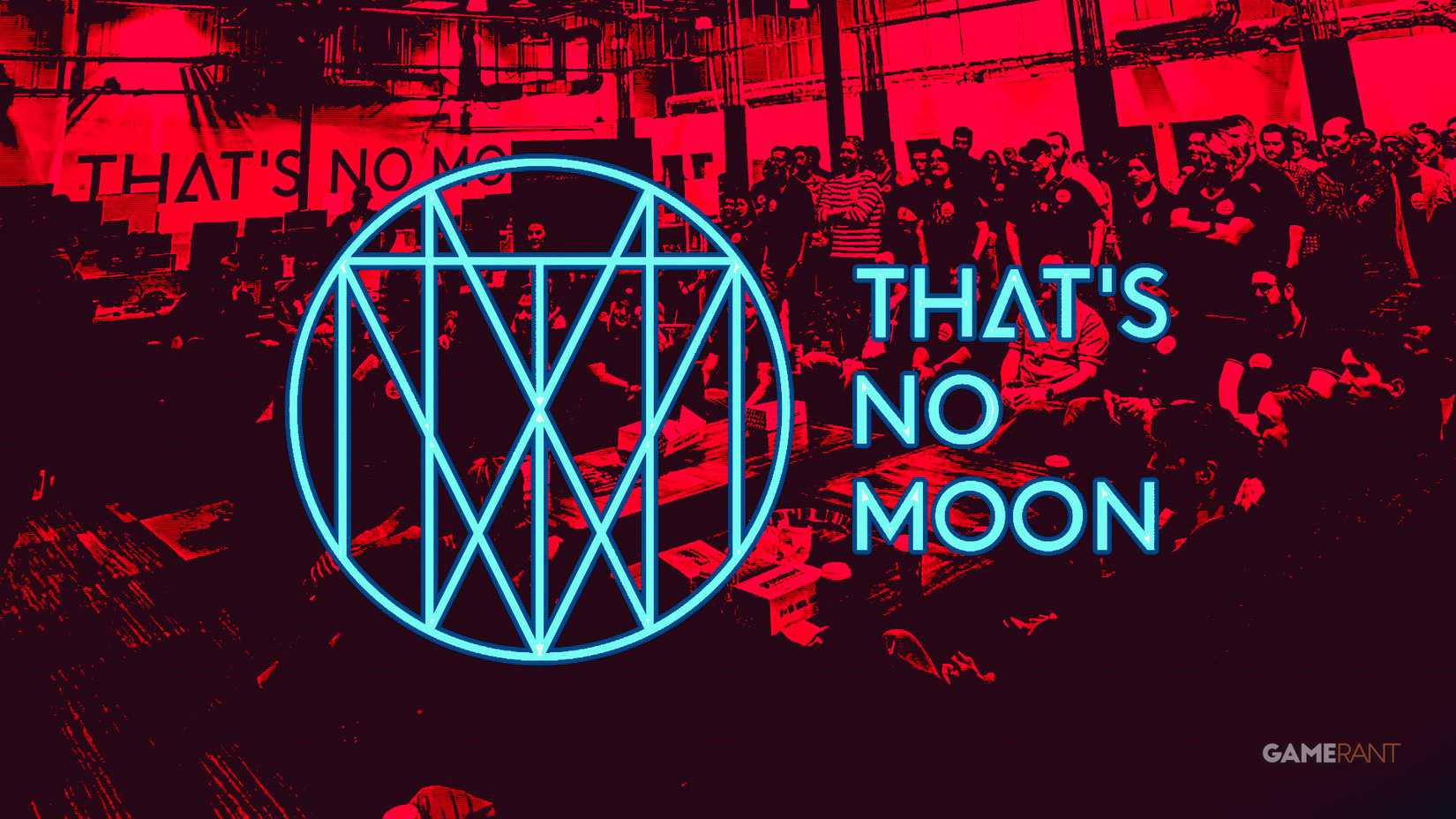 That's No Moon blue logo over red-tinted studio workforce photo
