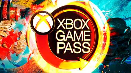 A yellow and orange Xbox Game Pass emblem with a strong posterized glow blurred style red and blue artwork.