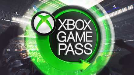 A green Xbox Game Pass logo with a glowing outline in front of a spectator's view of a match in a football stadium.
