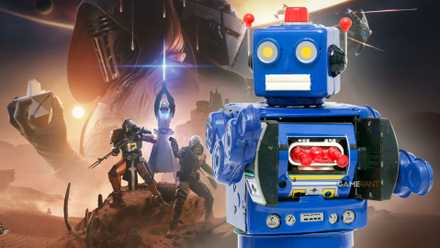 Destiny 2 background next to a robot toy representing artificial intelligence.