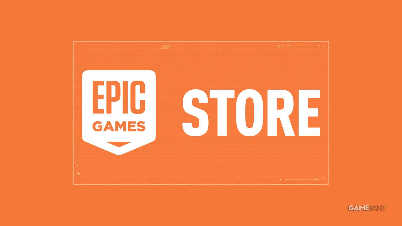 A white Epic Games Store logo inside a thin white frame on a crayola orange background.