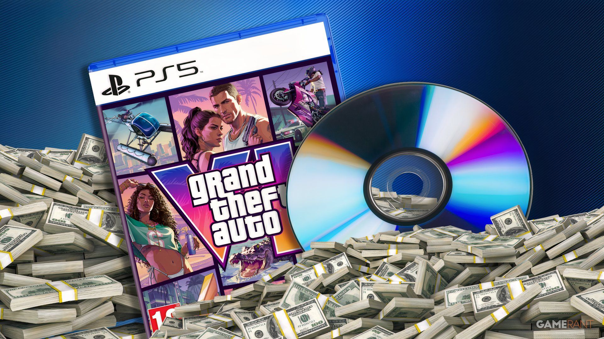 gta 6 physical box next to a disc drowning in dollar bills. 