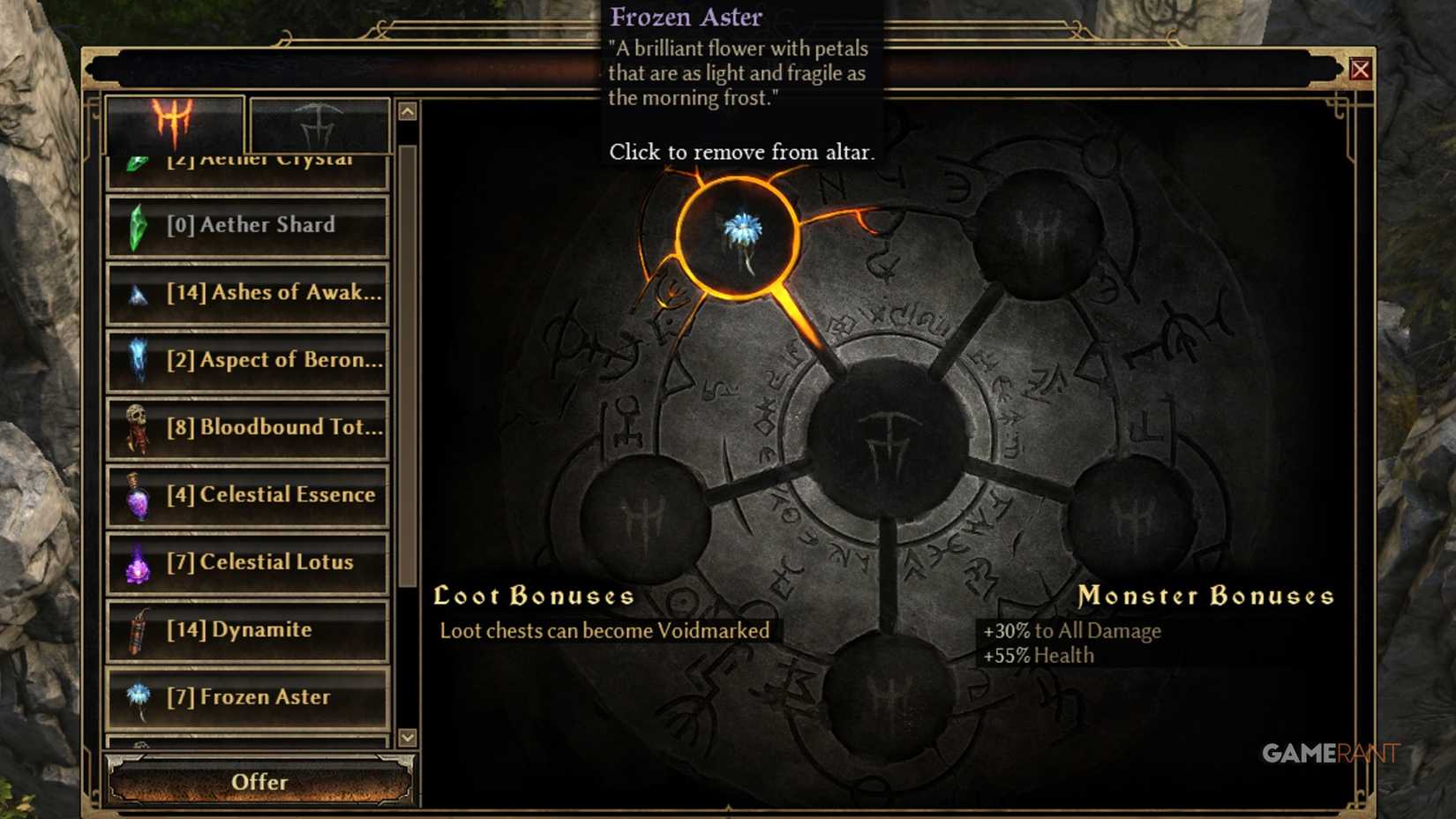 Grim Dawn Fangs of Astercorn Frozen Aster Ascension Altar Sacrifice Bonus