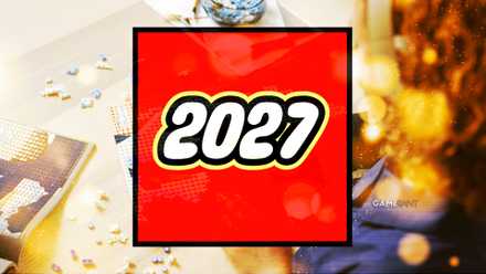 A semi-transparent LEGO-style 2027 logo rectangle in front of an image of someone building the 31208 Hokusai - The Great Wave set.