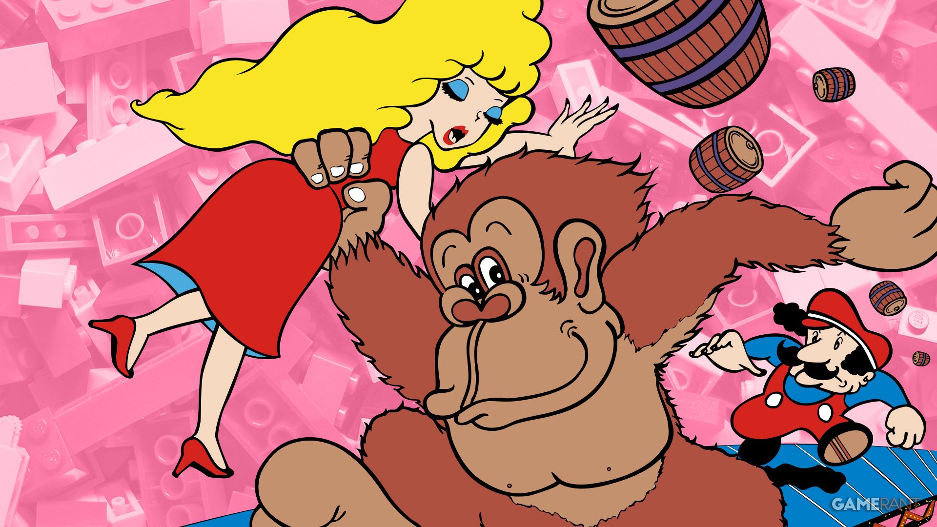 Donkey Kong, Pauline, and Mario over LEGO background