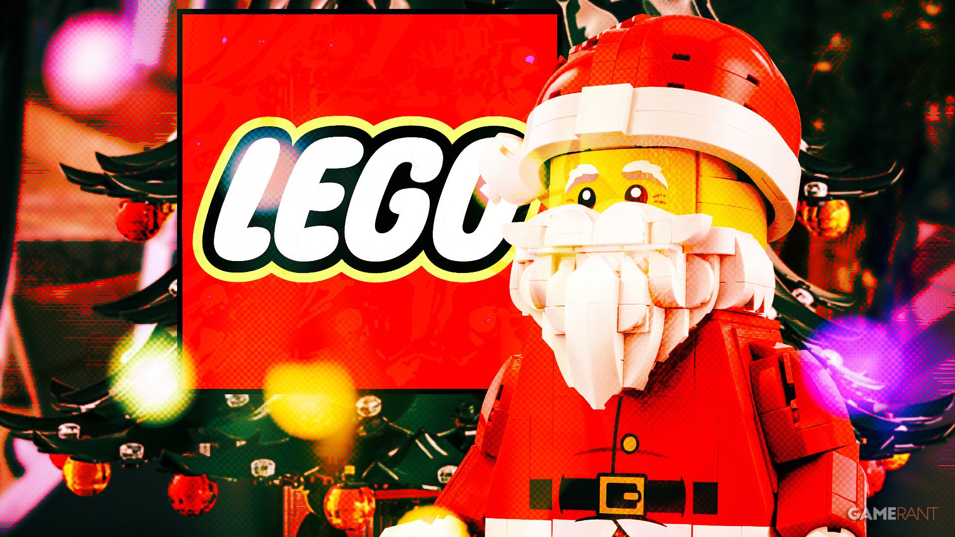 A large Santa Claus minifigure in front of a LEGO logo, surrounded by colorful holiday lights, with a Christmas tree visible in the background.
