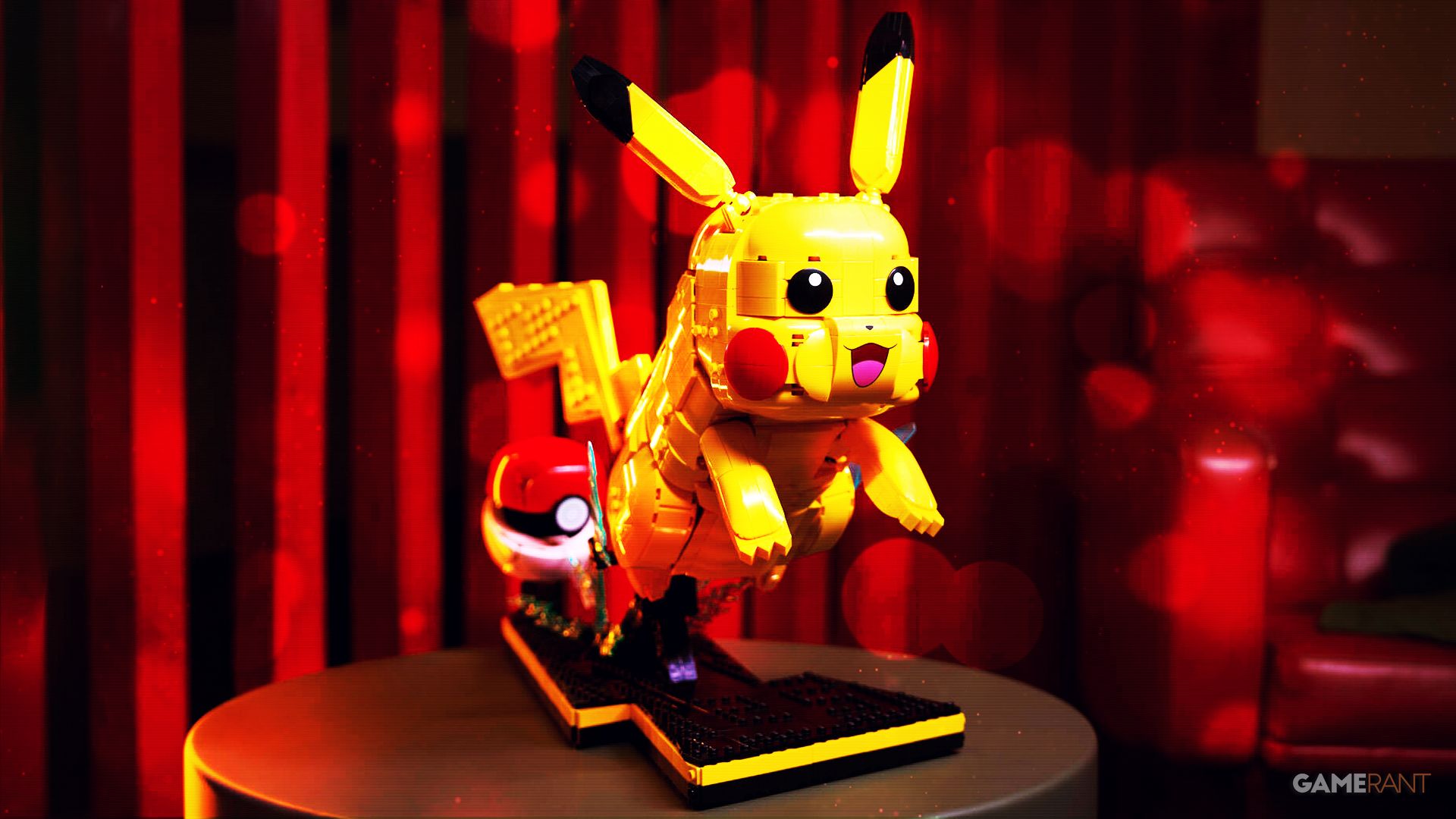 A LEGO model of a Pikachu emerging from a Poke Ball on a red background.