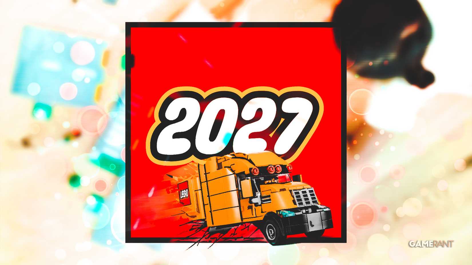 LEGO truck crashing through 2027 logo window pane-like object over blurred child playing with bricks image