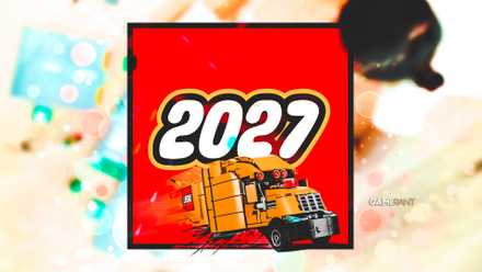 LEGO truck crashing through 2027 logo window pane-like object over blurred child playing with bricks image