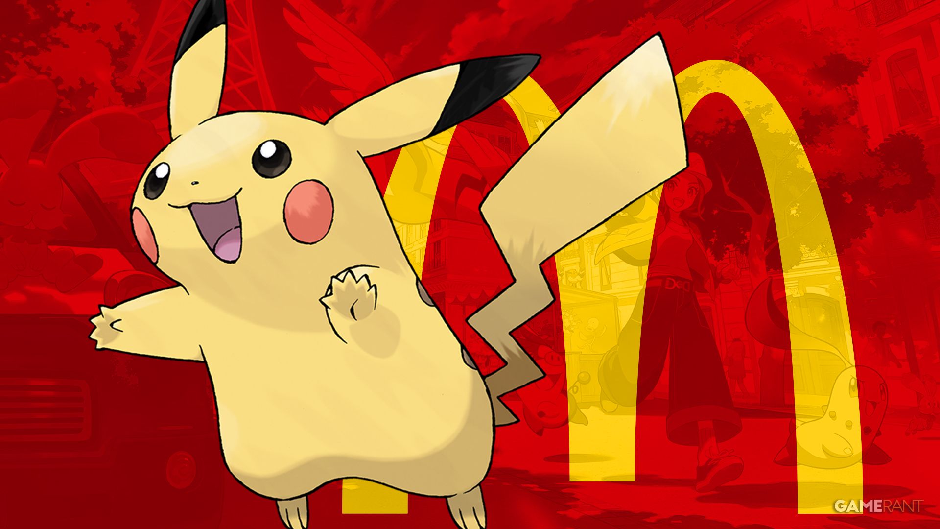 An image of Pikachu and the McDonald's logo with various Pokemon characters in the background.