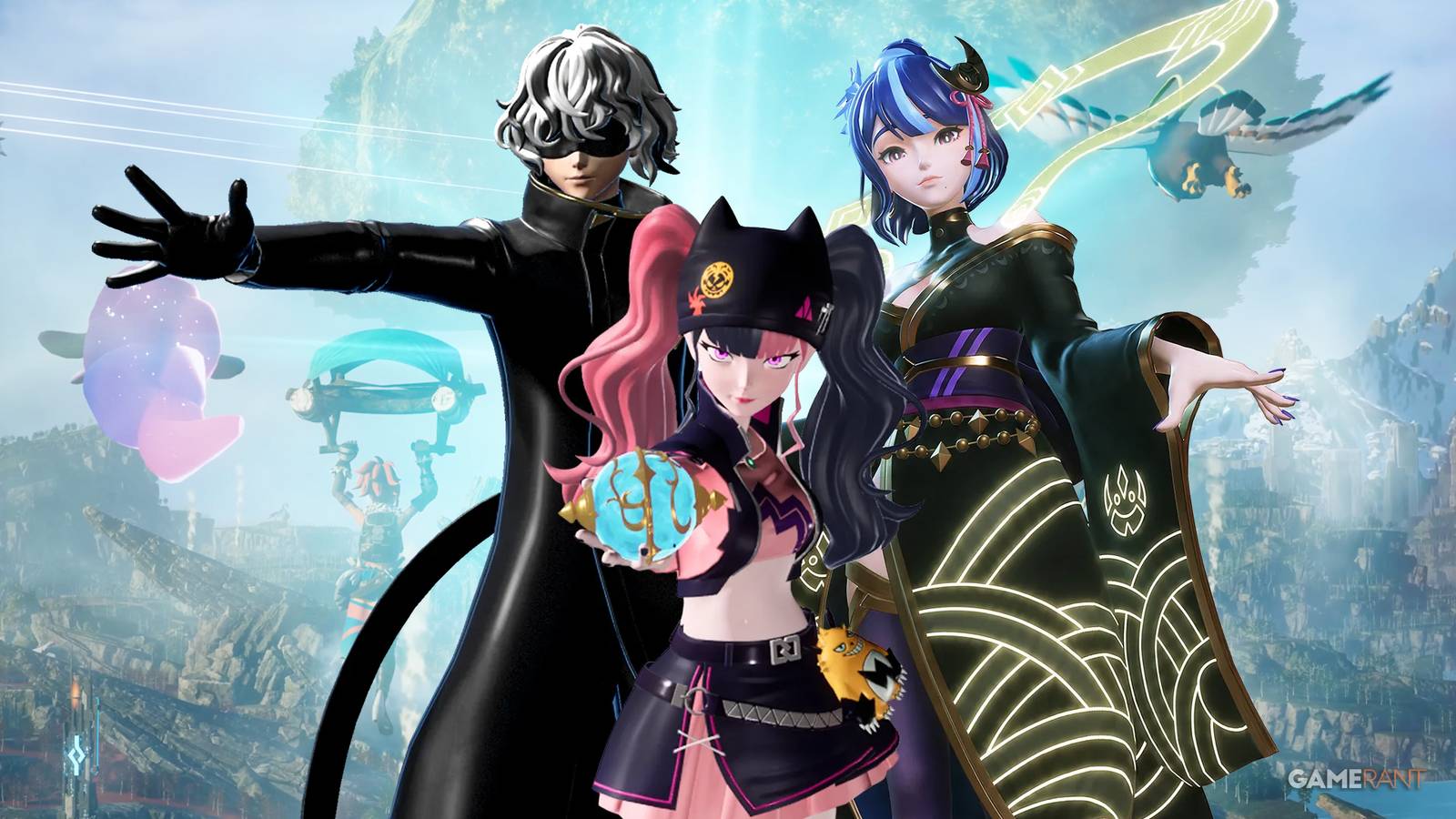 Zoe, Victor, and Saya from Palworld standing in front of a group of Pals