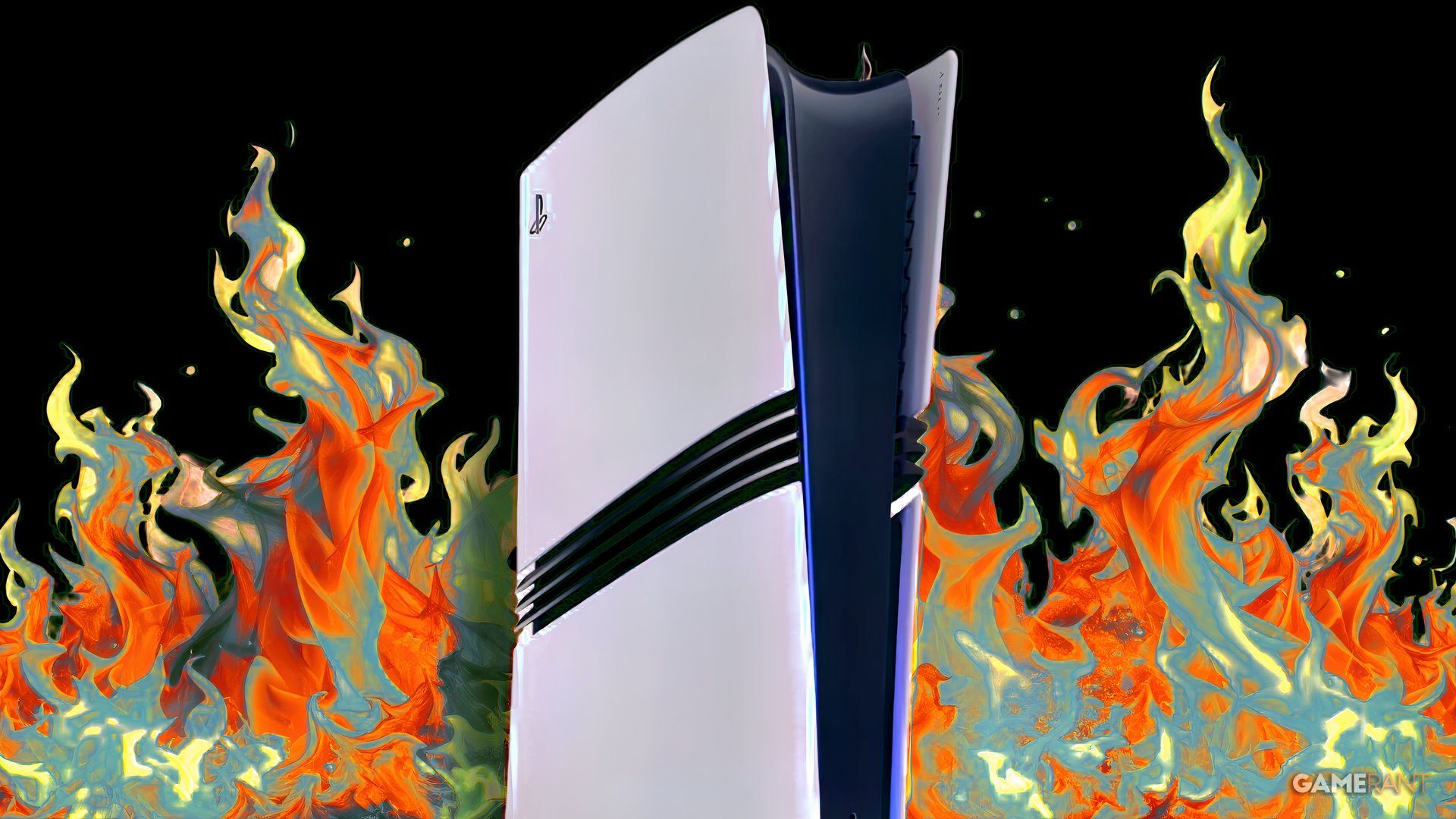 ps5 pro console surrounded by flames.