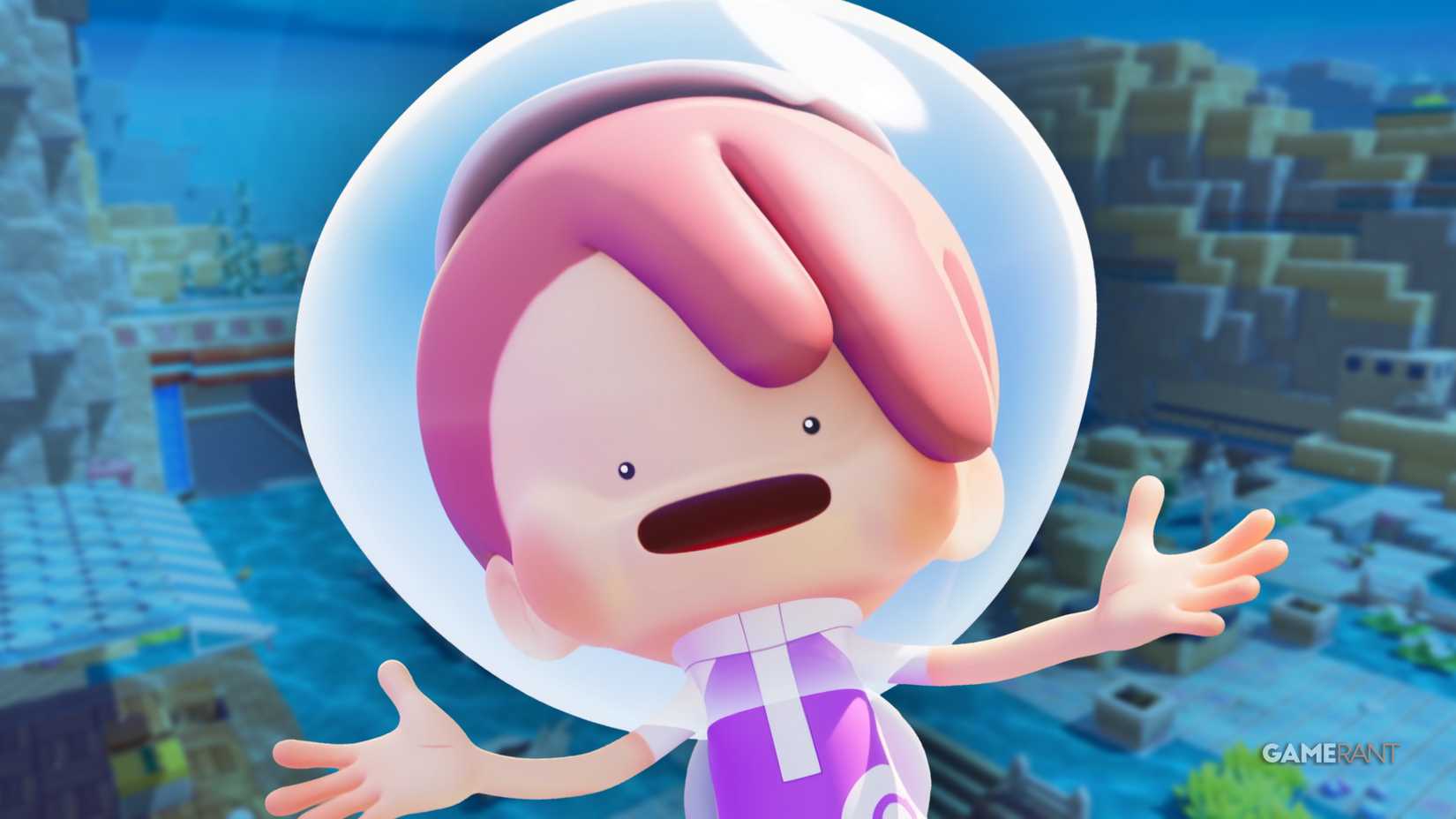 The player character in Pokopia set against the Bubbly Basin village.