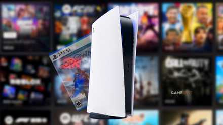 The PS5 no longer has a physical copy. PS Store digital background with blurred games.