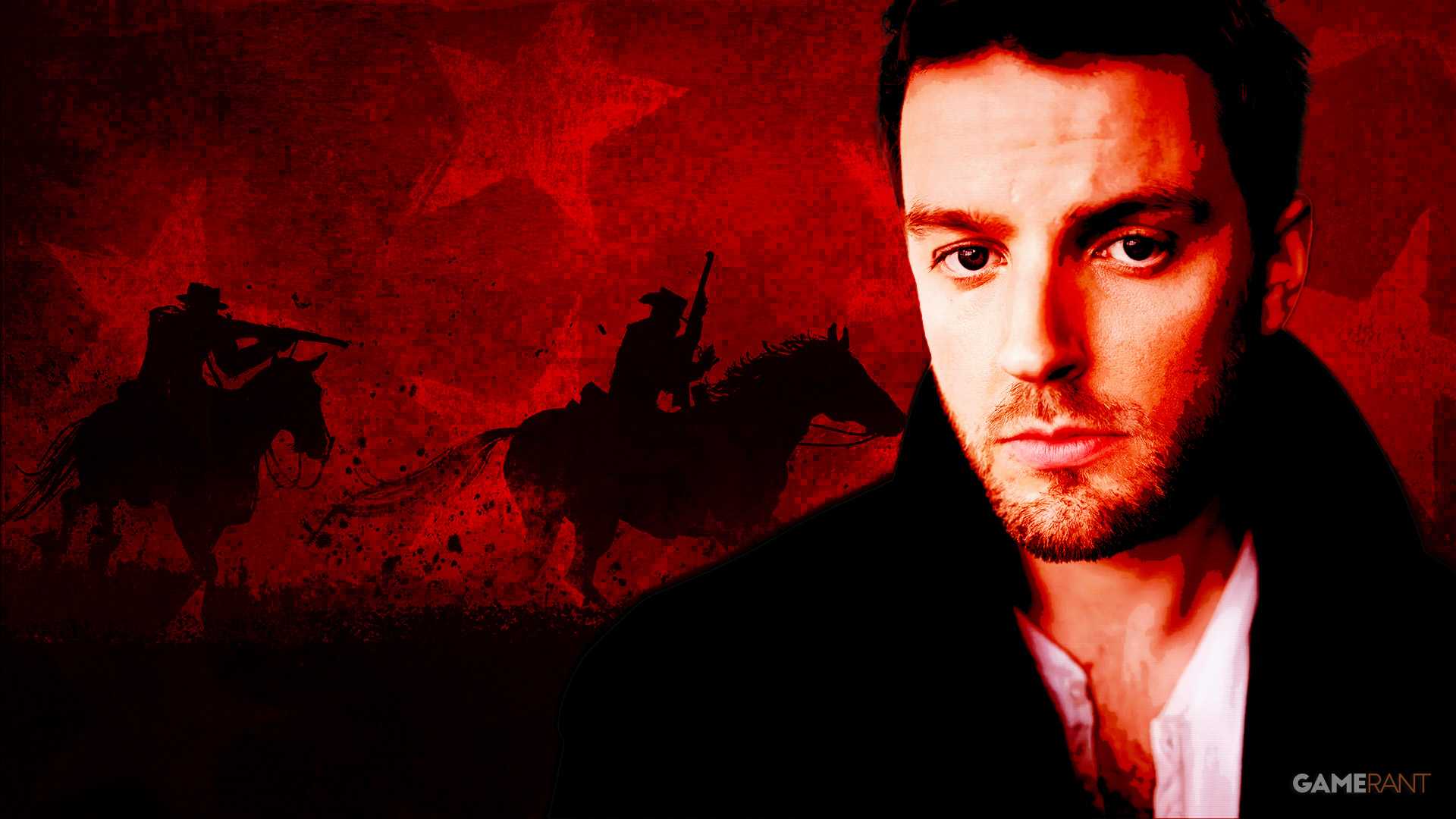 A red-tinted portrait of a serious-looking man in a black jacket beside silhouettes of armed riders on horseback.