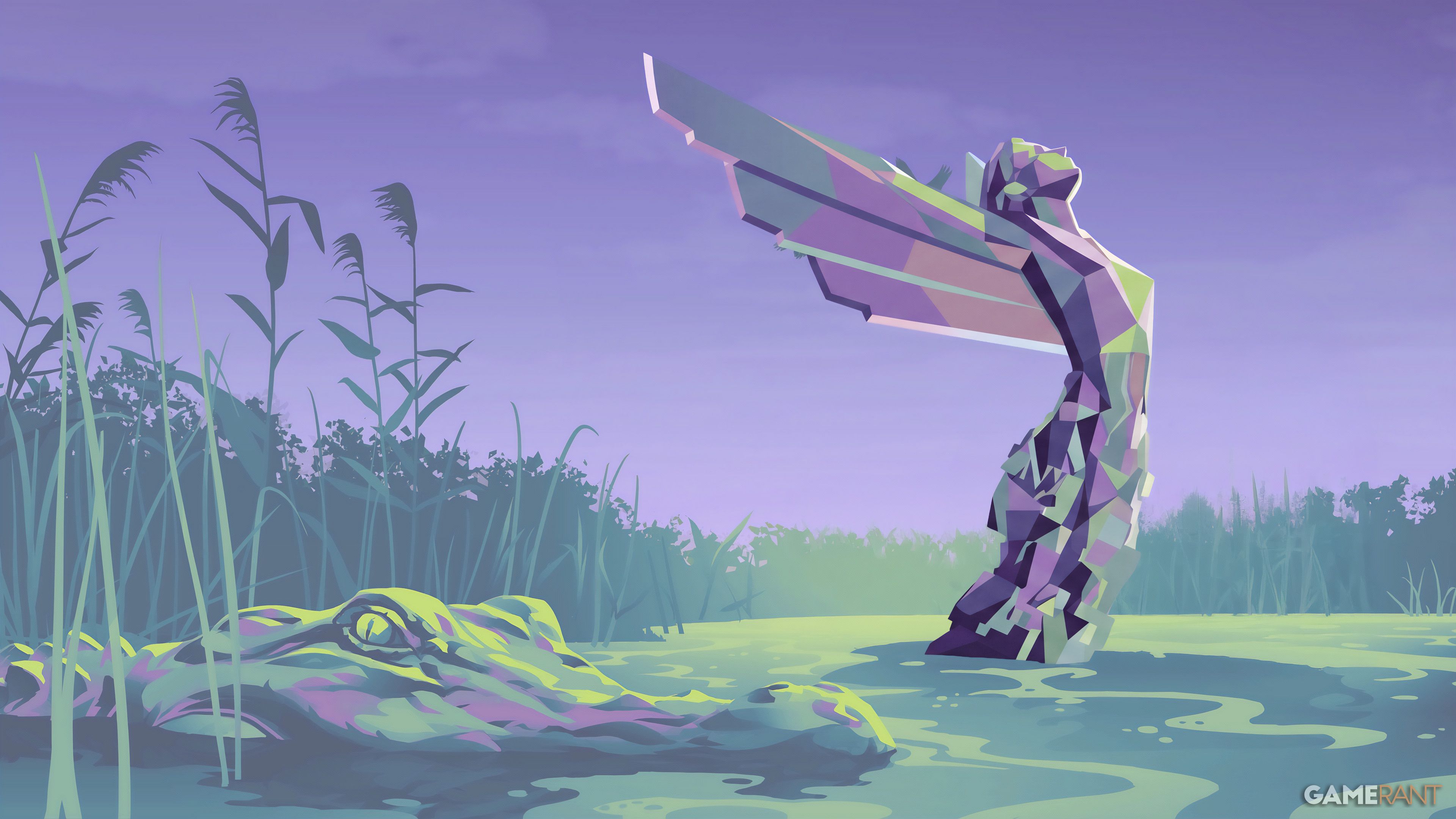 The Game Awards statue of a silver winged figure emerging from a hand-drawn wetland with a crocodile in the foreground and thick rows of reeds in the background.