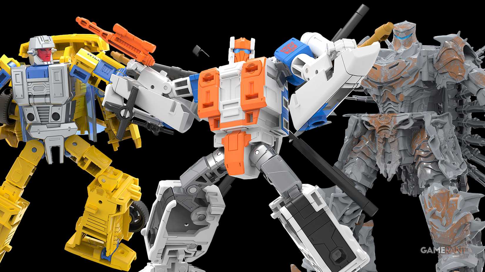 Transformers SDCC 2026 Hasbro figures GR exclusive all three together black background
