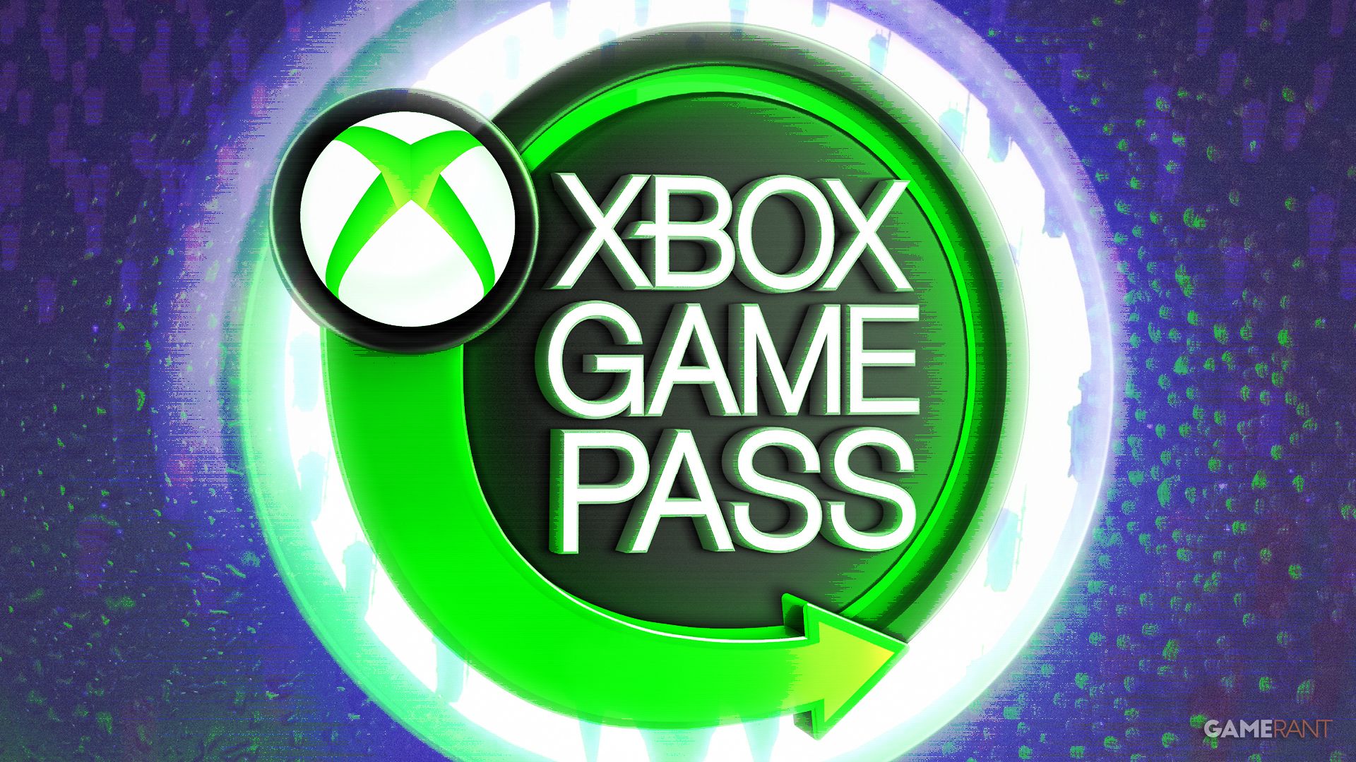 A vivid green, arrow-encircled Xbox Game Pass emblem radiating bright green light on a dark purple background.