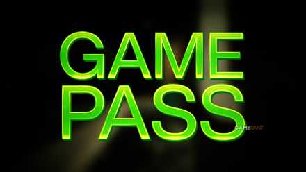 A green, glossy, and glassy Xbox Game Pass typeface logo positioned over a blurred back alley screenshot from Shift at Midnight.