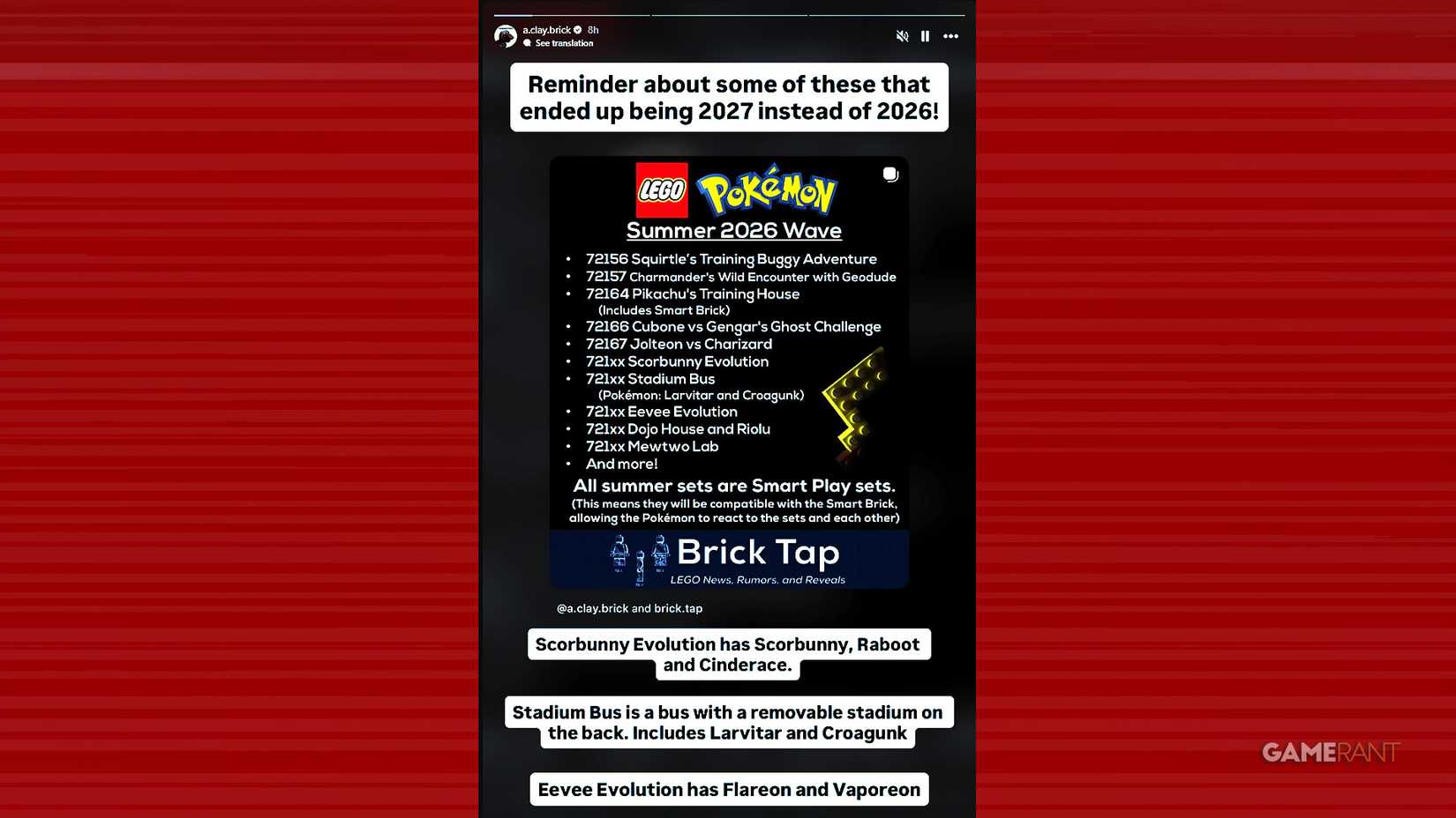 a.clay.brick LEGO Pokemon 2027 sets plus 2026 smart play delays August 9 2026 Instagram story screenshot