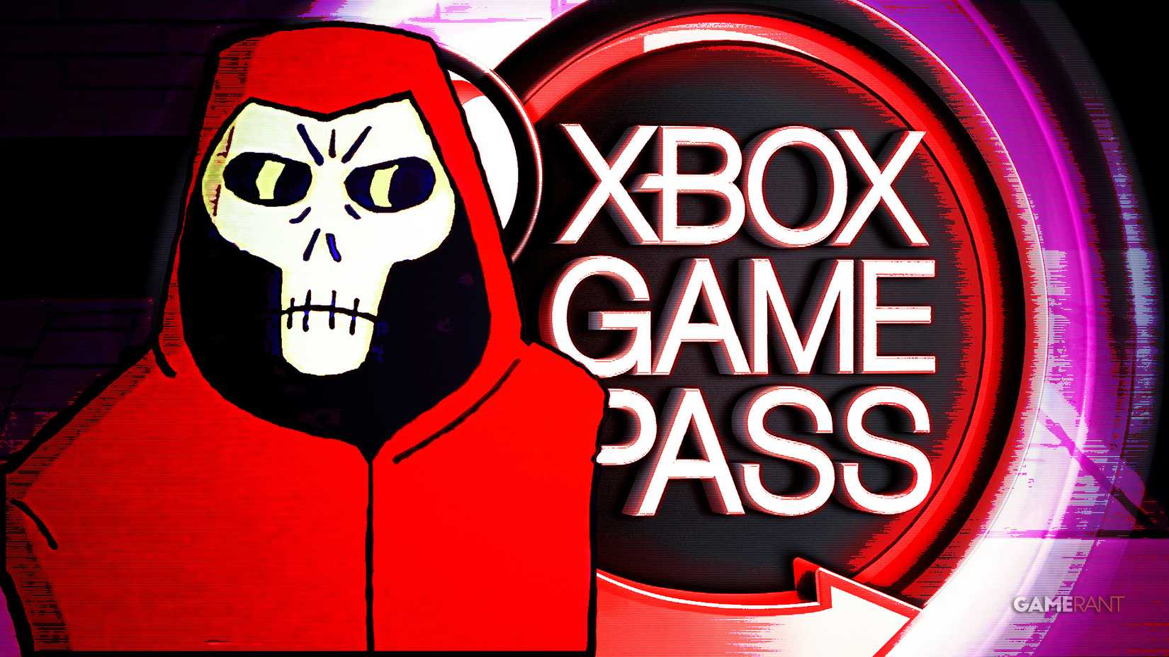 A composite combining a crude drawing of a cartoon skeleton wearing a red hooded robe and a serious look on its face, while standing in front of a large round red Xbox Game Pass sign emanating bright purple light.