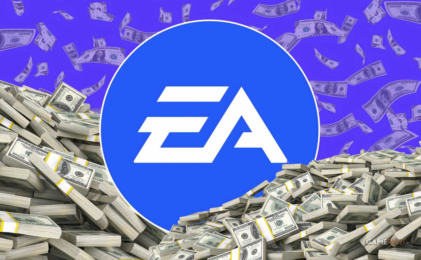 ea blue logo half buried in a pile of dollar bills.