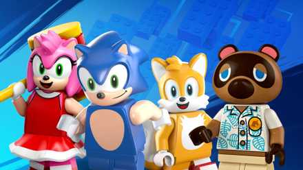 LEGO Amy, Sonic, Tails, and Tom Nook on a blue background