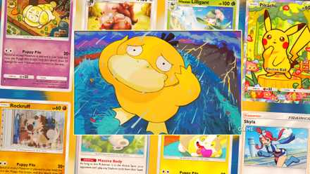 An artwork of an upset-looking Psyduck positioned over eight Pokemon Trading Card Game Pocket cards.