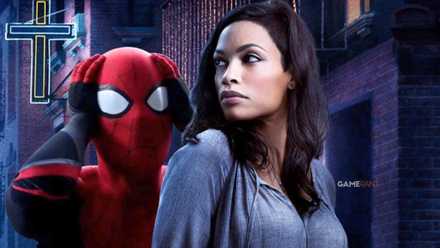 Composite image of a shocked Spider-Man From Far From Home with a cropped Daredevil poster of Claire Temple