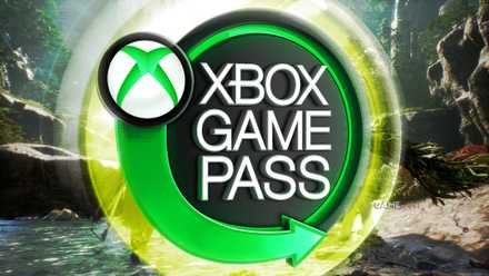 A bright green Xbox Game Pass sign with an olive-colored outer glow effect in front of a Beast of Reincarnation landscape screenshot.