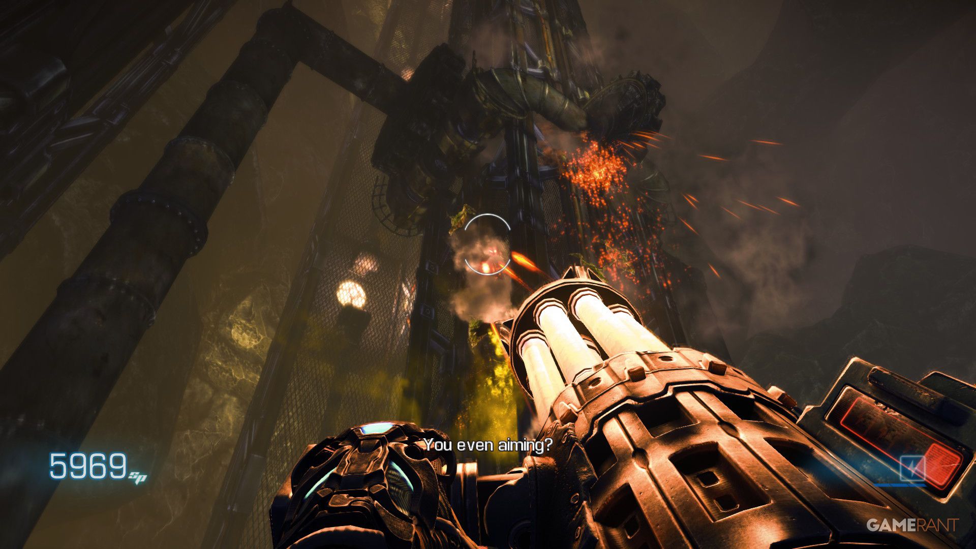bulletstorm mini-gun firing at aliens