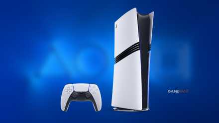 An image of a PS5 Pro console in front of a blurry blue wallpaper that shows the PlayStation's iconic symbol buttons.