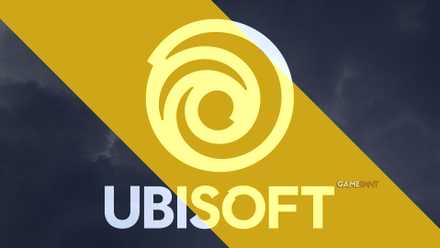 Ubisoft logo featured against a dark gaming-themed background with a large yellow diagonal stripe.