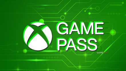 A white Xbox Game Pass logo on a futuristic green PCB (circuit board)-like background with a glitch effect.