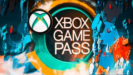 Xbox Game Pass logo over a stylized blue-and-orange rocky landscape with cliffs, smoke, and small red banners.