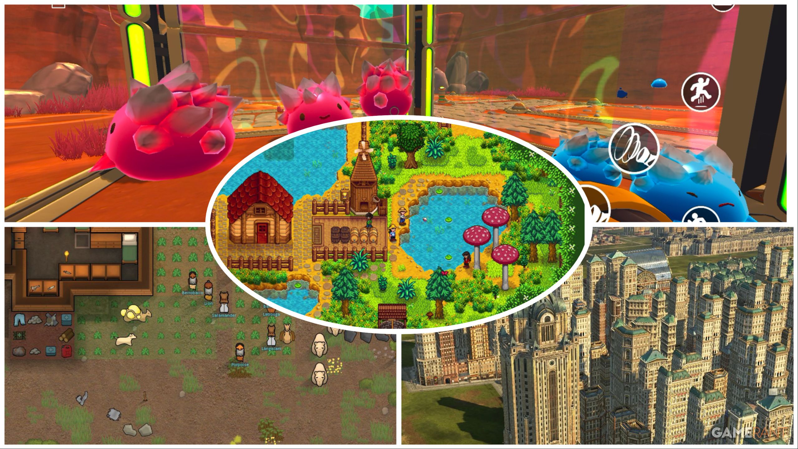 split screen with stardew valley, slime rancher 2, rimworld and anno 1800