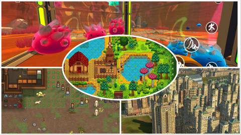 split screen with stardew valley, slime rancher 2, rimworld and anno 1800