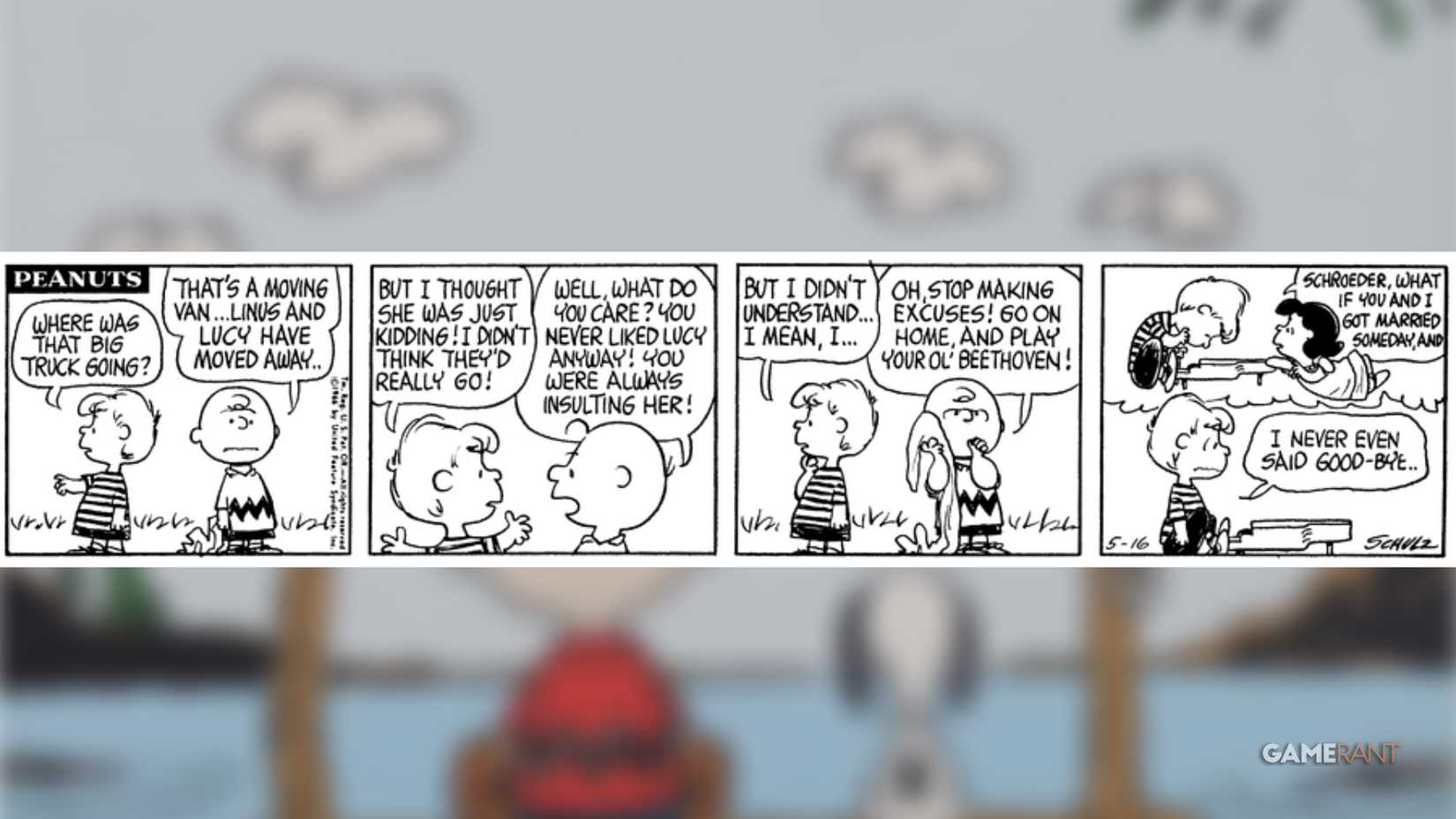 Charlie Brown and Schroeder are sad that Linus and Lucy moved away