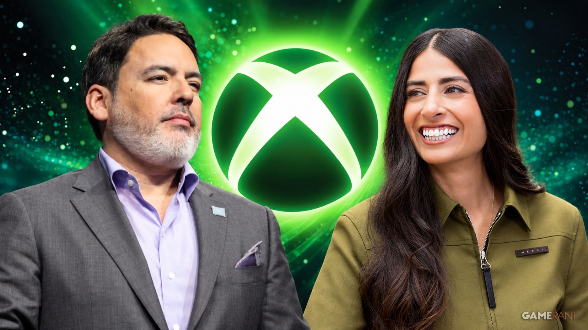 PlayStation executive Shawn Layden and Xbox CEO Asha Sharma over Xbox logo