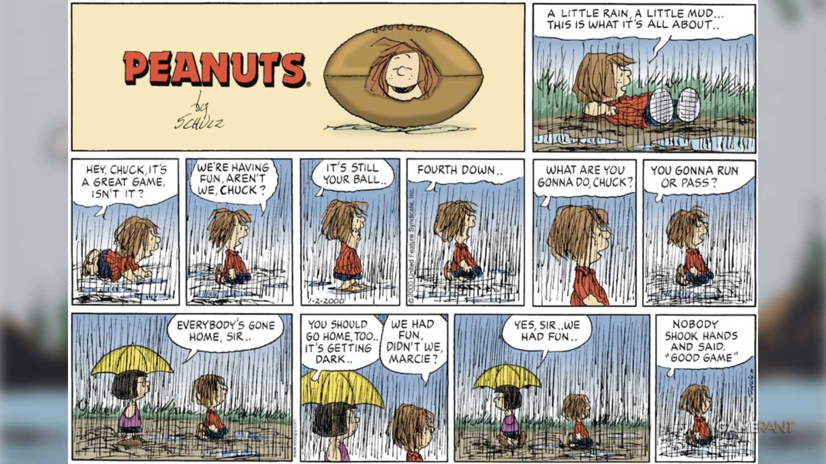 Peppermint Patty says Goodbye to Marcie after a Football Game in the rain